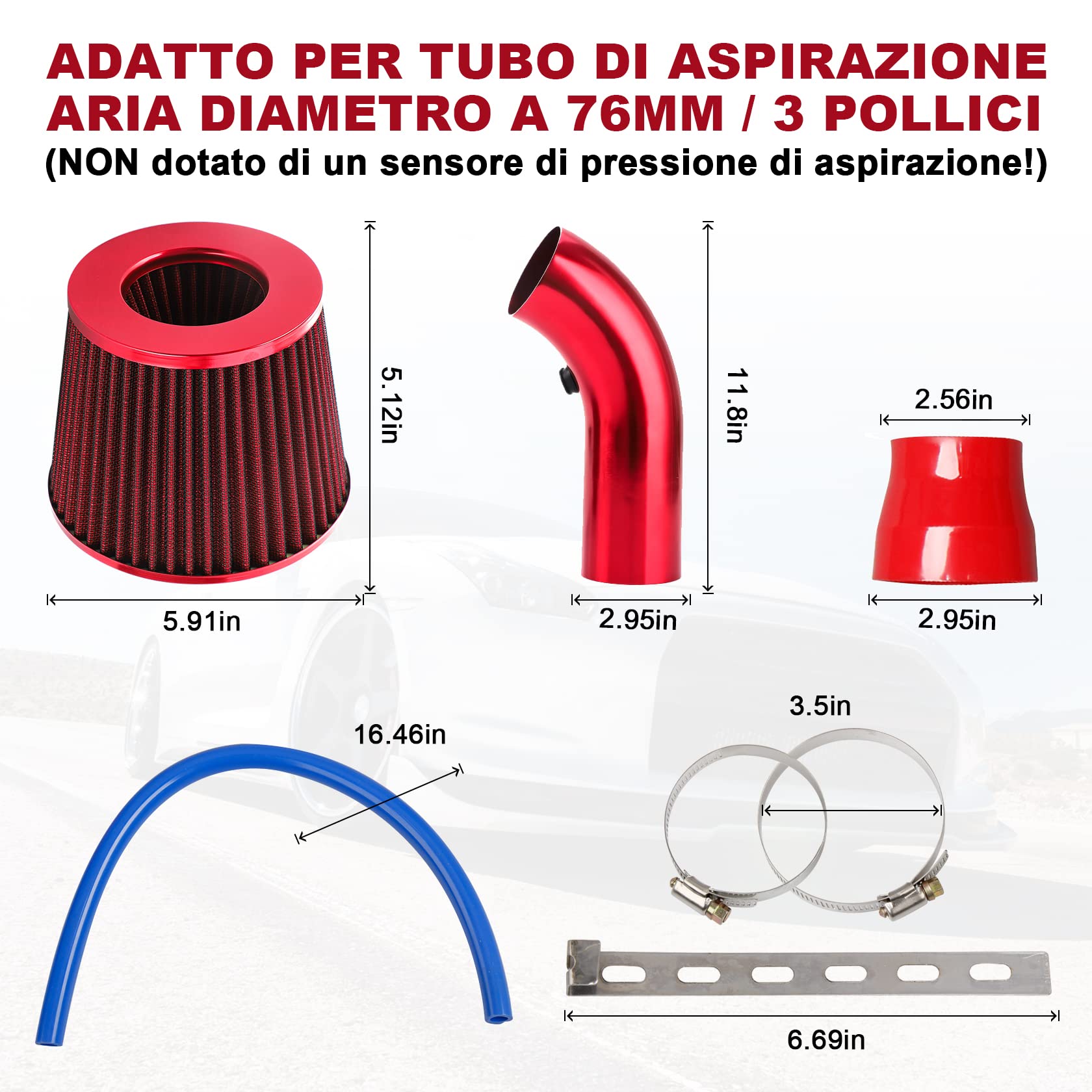 Pindex Filtro Aria Sportivo Auto: Filtro di Ingresso Dell'aria Filtro a Cono in Fibra di Carbonio con Tubo Aspirazione Aria - Rosso