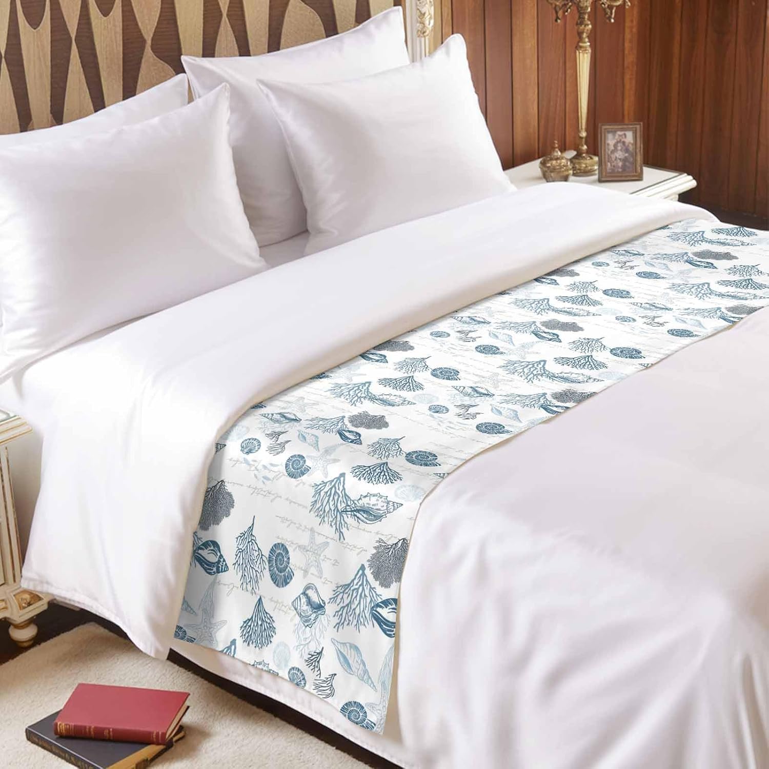 Blue Coastal Bed Runner Scarf Bedding Accessory For Queen Size Bed,Soft Bed Scarves And Runners Stainproof Bedroom Decor For Hotel Wedding Room,Starfish Coral Nautical Shell Ocean Couch 94"x20"