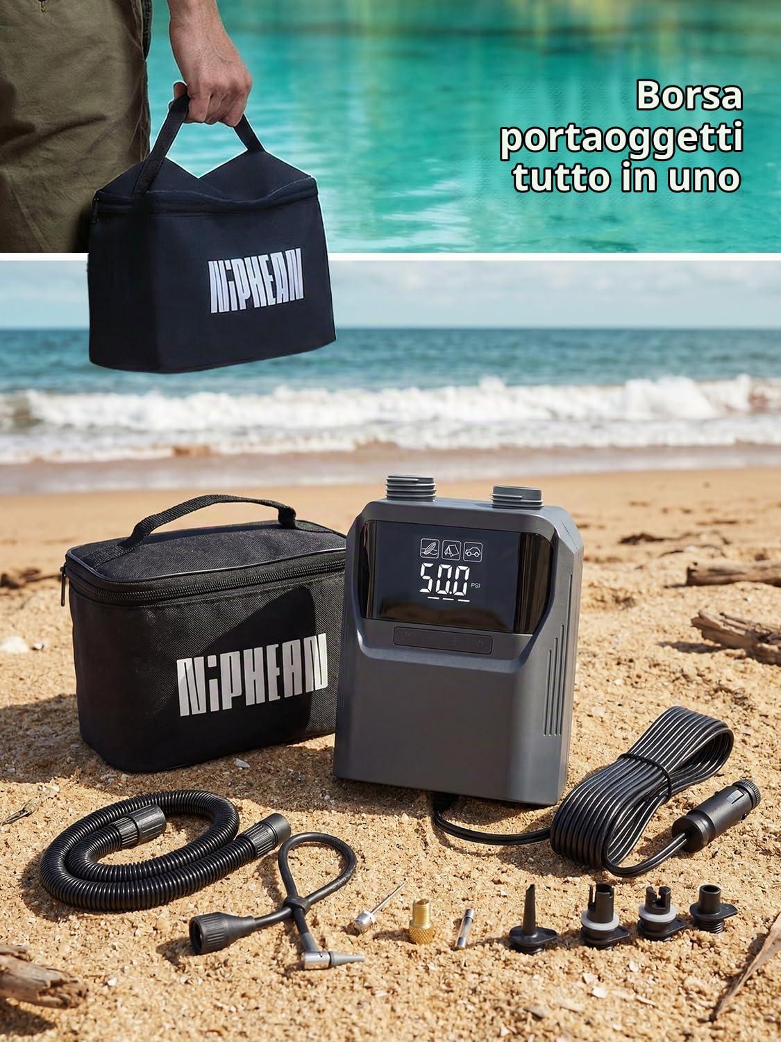 Niphean Gonfiatore Elettrico Portatile, Pompa Elettrica SUP 50 PSI | Pompa SUP Portatile 12V DC, Gonfiaggio e Sgonfiaggio Automatico per Tavola SUP, Kayak e Pneumatici