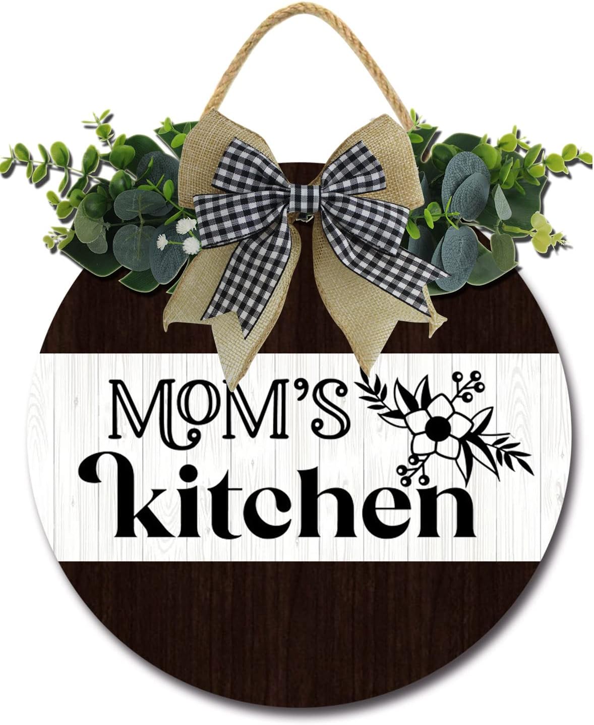 Mom's Kitchen Decor Farmhouse Wall Wooden Round Rustic Front Door Sign for Home Dining room Decration 11IN