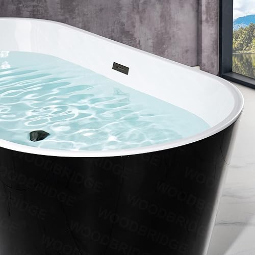 Miniatura 13 de WOODBRIDGE Bañera de acrílico independiente de 59 pulgadas, bañera negra de remojo contemporáneo con desbordamiento y drenaje negro mate, B1814-MB