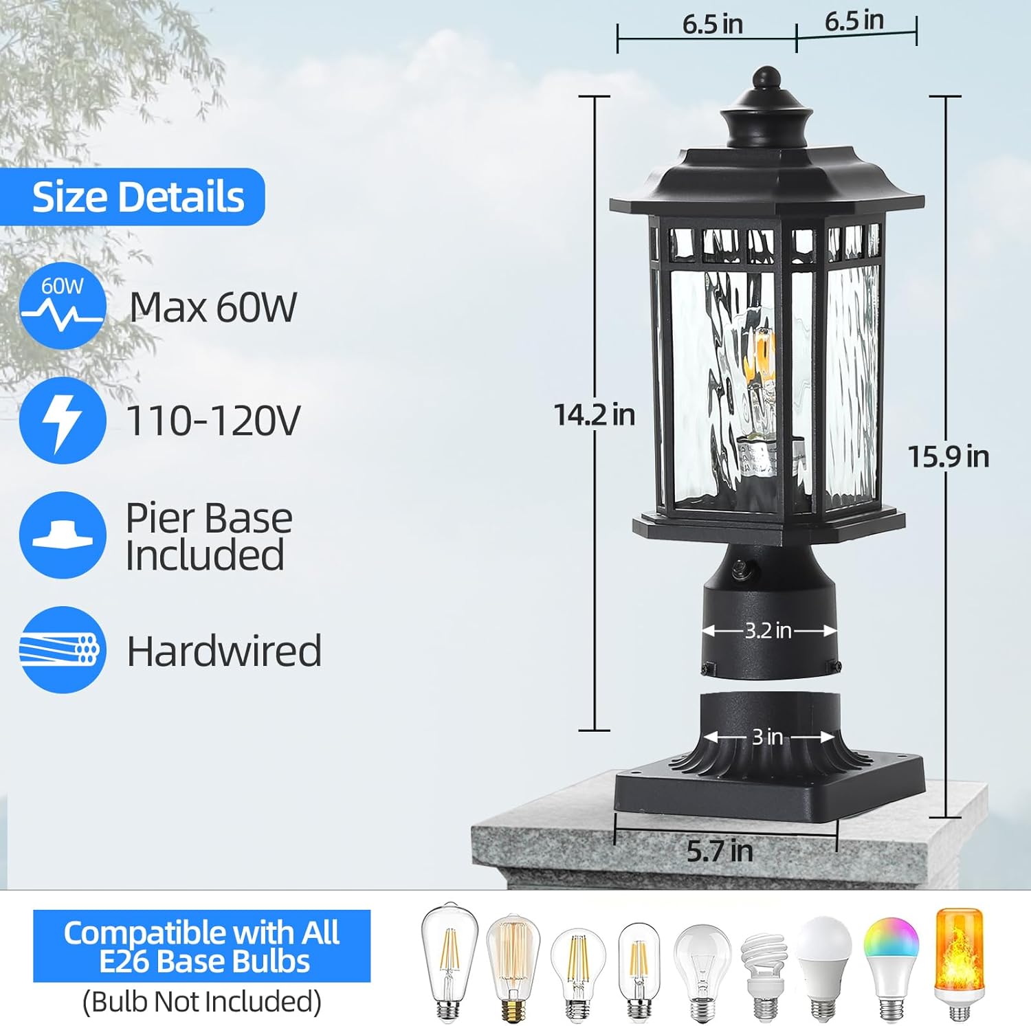 DASTOR 2 Pack Outdoor Post Lights, Dusk to Dawn Outdoor Lamp Post Light Fixture with Pier Mount Base, Waterproof Aluminum Post Lantern for Garden Patio Pathway