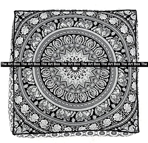 The Art Box Indian Elephant Mandala Floor Tapestry Cushion Cover, Square Pouf Bohemian Meditation Seating Large Throw 35" (Cover + Insert) #TOP1