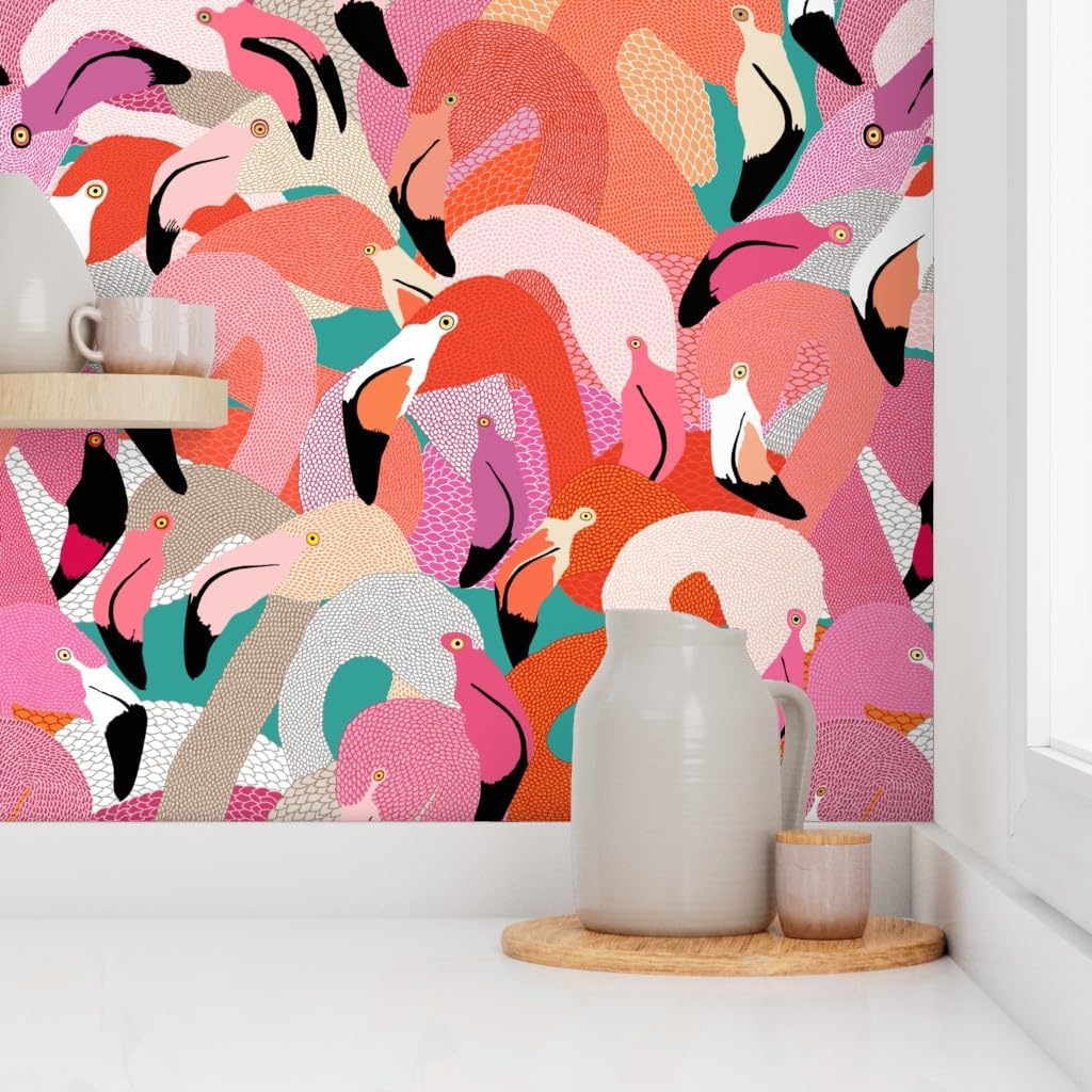 Peel & Stick Wallpaper 3ft x 2ft - Orange Pink Large Flamingo Bird Feathers Tropical Florida Coastal Collage Illustration Beach House Custom Removable Wallpaper by Spoonflower
