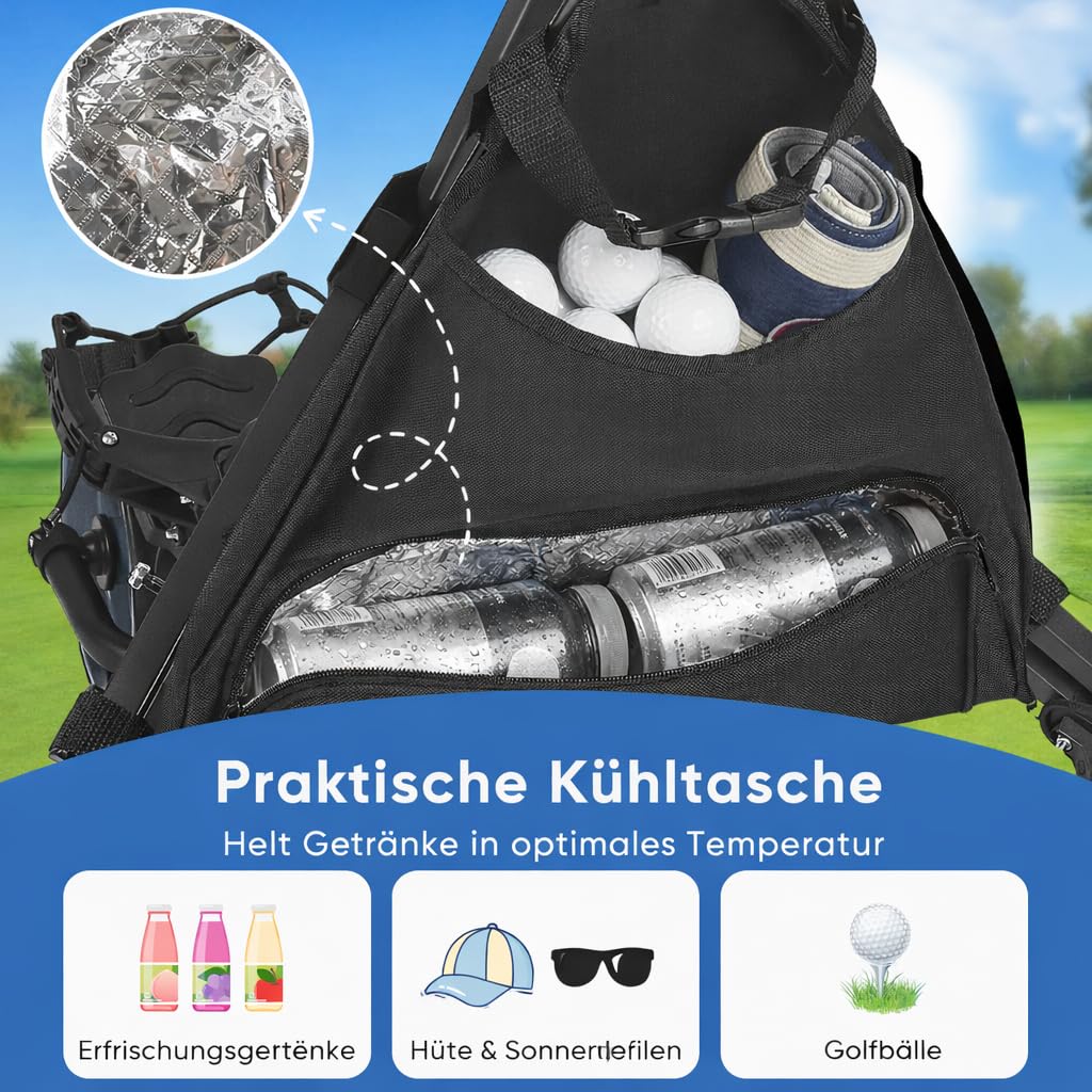 Klappbarer Golf Trolley 3-Rad, Aluminium Golfwagen mit Schirmhalter, T-Stückhalterung und Aufbewahrungstasche – Leichter Golfcaddy als Push Cart