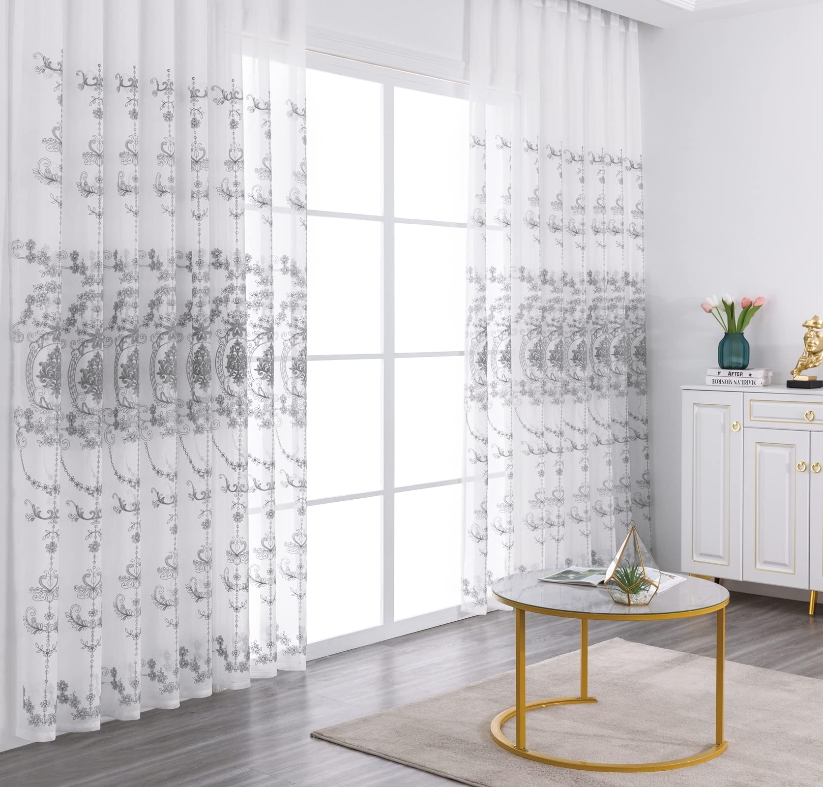 Tende Sottili in Lino, Tende Due Pannelli Finestra con Anelli Motivo Fiori Vintage Ricamata Tenda Elegante Moderna 102x138CM Grigio
