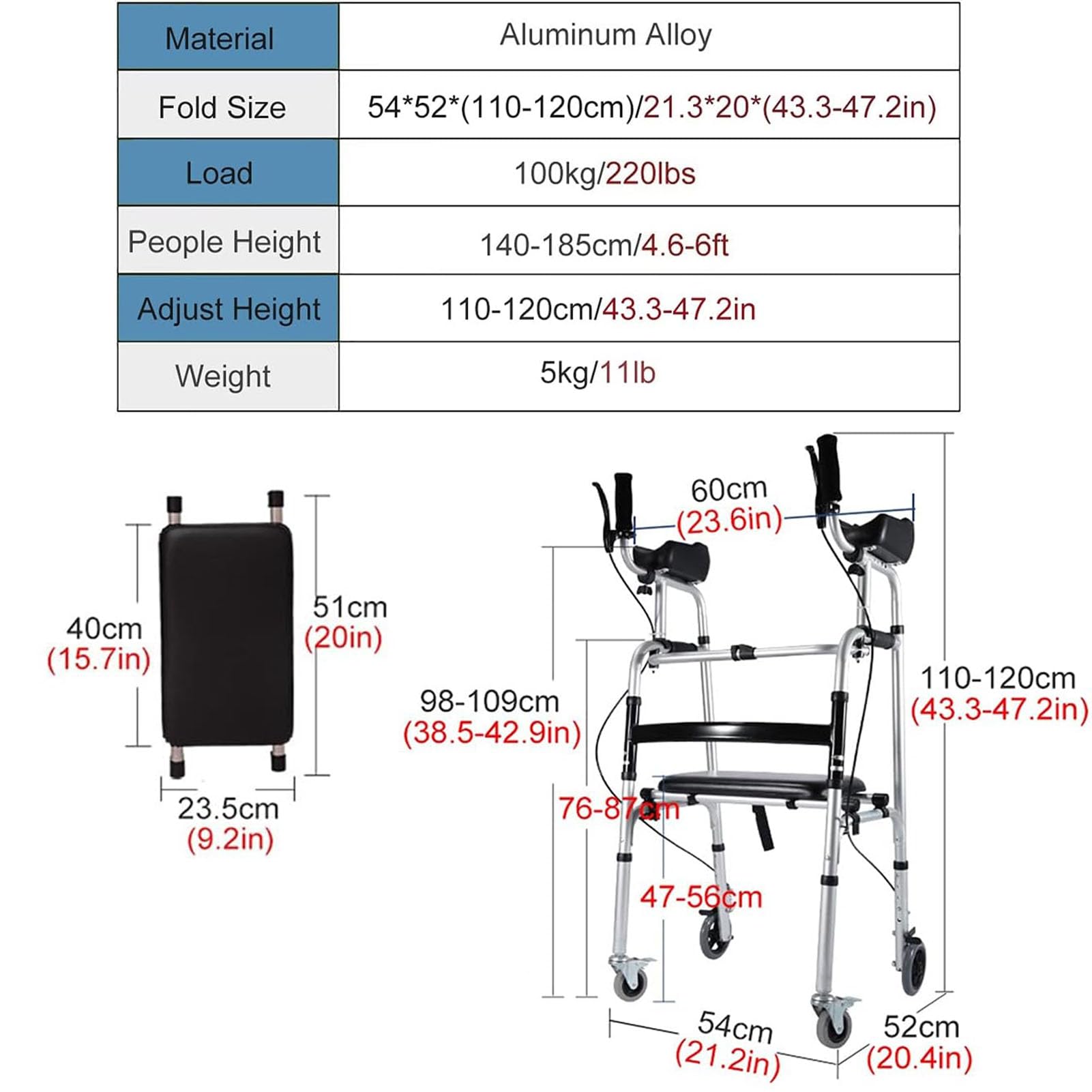 Andador para Ancianos 4 Ruedas, Caminadores De Aluminio Plegables para Mayores, Andadores Vertical para Ancianos con Frenos Y Asiento, Altura Ajustable