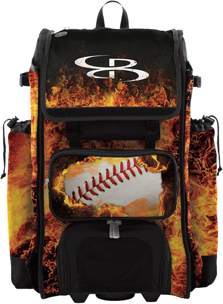 Boombah Catchers Superpack Hybrid Rolling Bat Bag - Fireball Black/Orange/White - Wheeled & Backpack Version