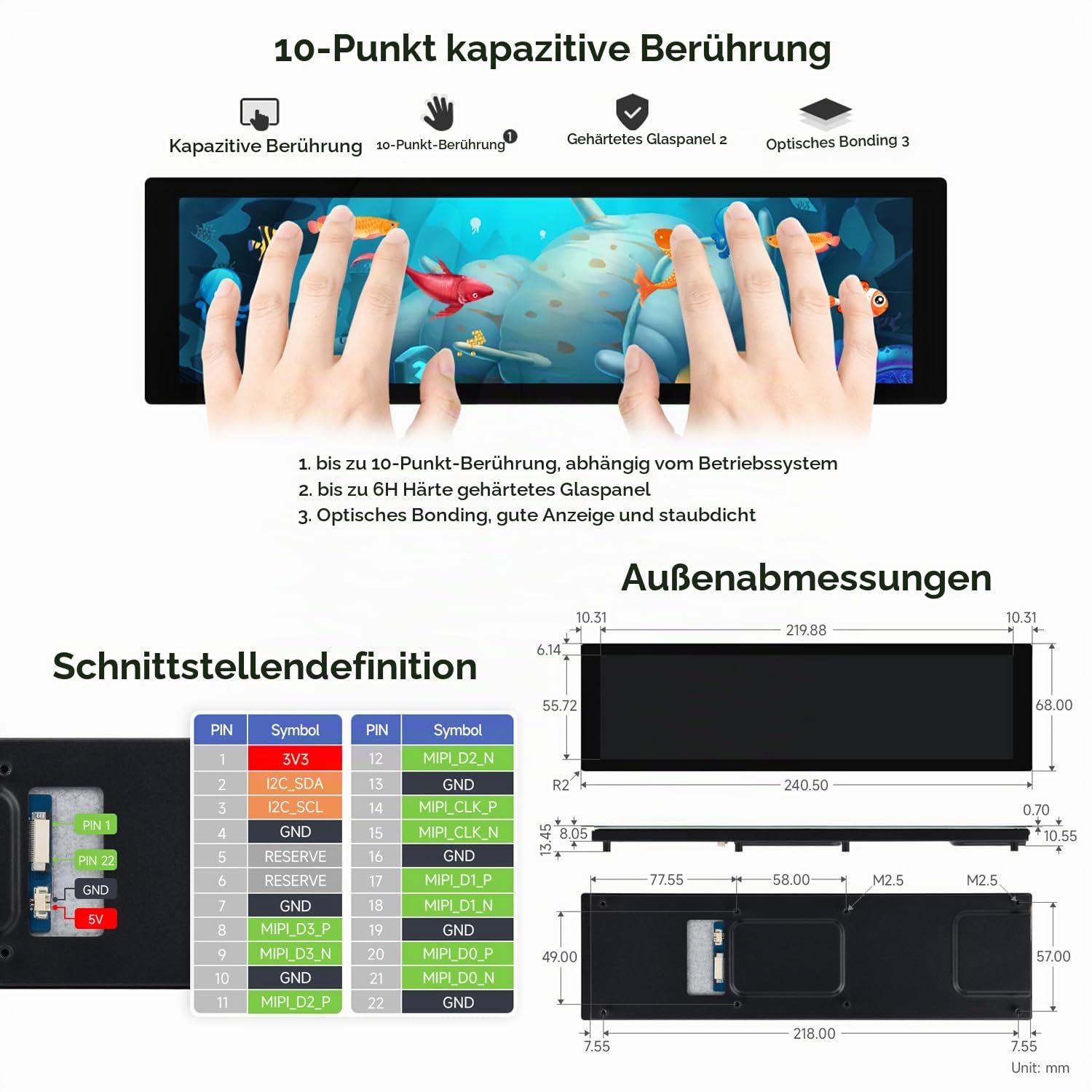Waveshare 8.8inch DSI Capacitive Touch Display, IPS Panel, 480x1920 Resolution, 10-Point Touch, Supports Backlight Adjustment Via Software