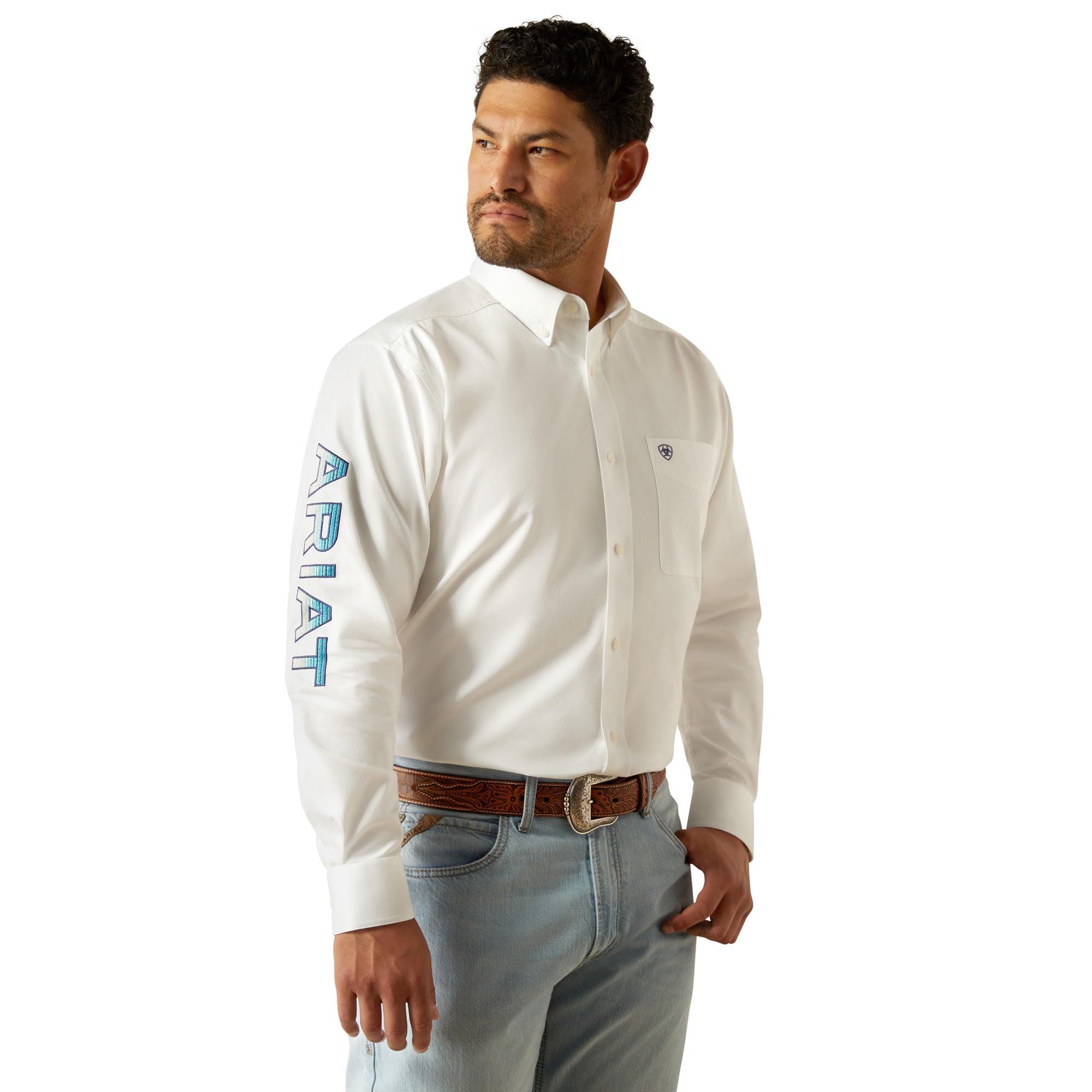 Ariat Men's Team Logo Twill Classic Fit Shirt, White/Teal, Large