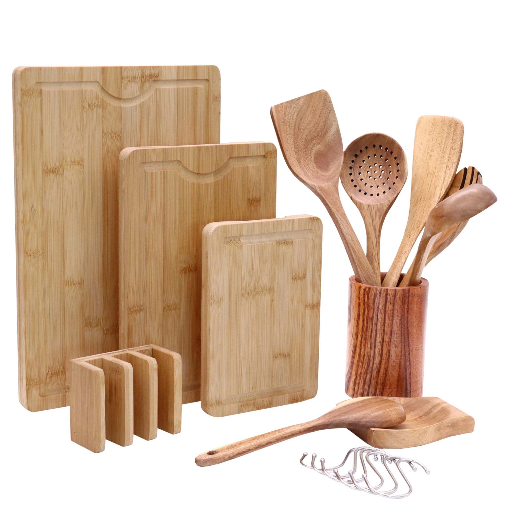 Lacers PurpleLine - Bundle - Bambus Holzschneidebrett 4-teilig mit Saftrille & rutschfesten Füßen/Kochlöffelset 14-teilig aus Akazienholz - Vielseitiger und nachhaltiger Küchenhelfer für die Küche