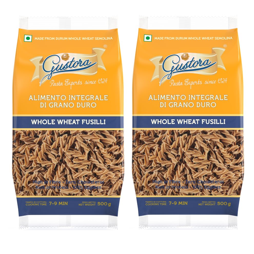 Image of Gustora Whole Wheat Fusilli Pasta, 1kg (Pack of 2 x 500g) | Authentic Italian Pasta with Al Dente Texture | 100% Durum Whole Wheat Semolina | Zero Maida | High Fibre | Vegetarian