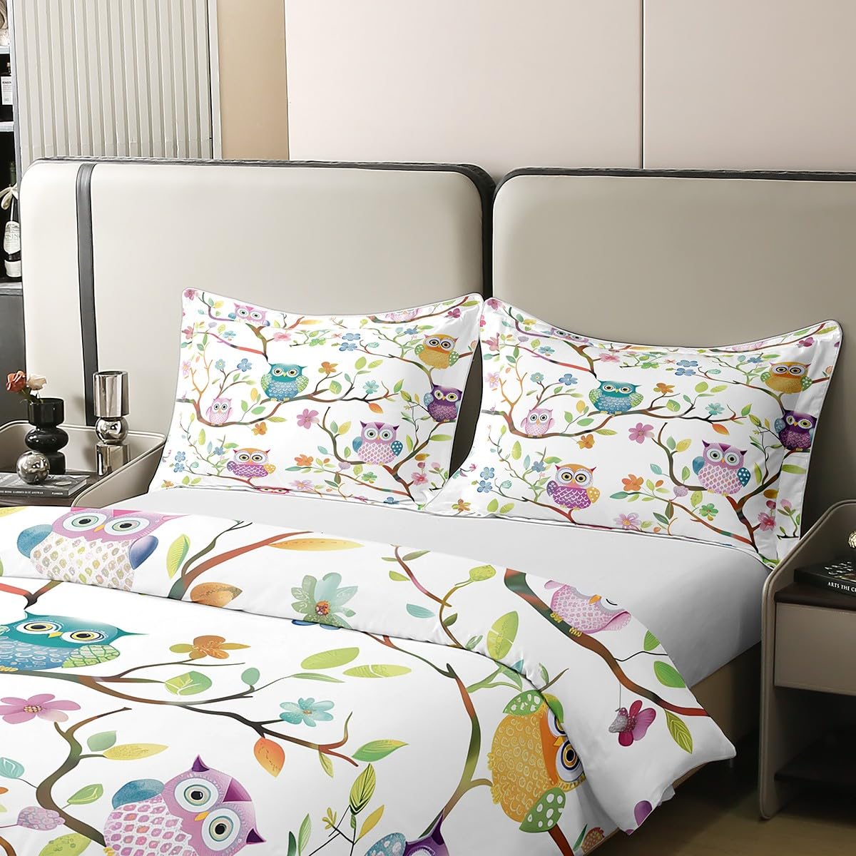 Loussiesd niedliche Eule 100% Baumwolle Bettwäsche Set 135x200cm Tier Eule Blumen Bettbezug Set für Teenager Mädchen Zimmer Dekor Regenbogen Cartoon Eule Betten Set Botanische Weich Bettwäsche-Set