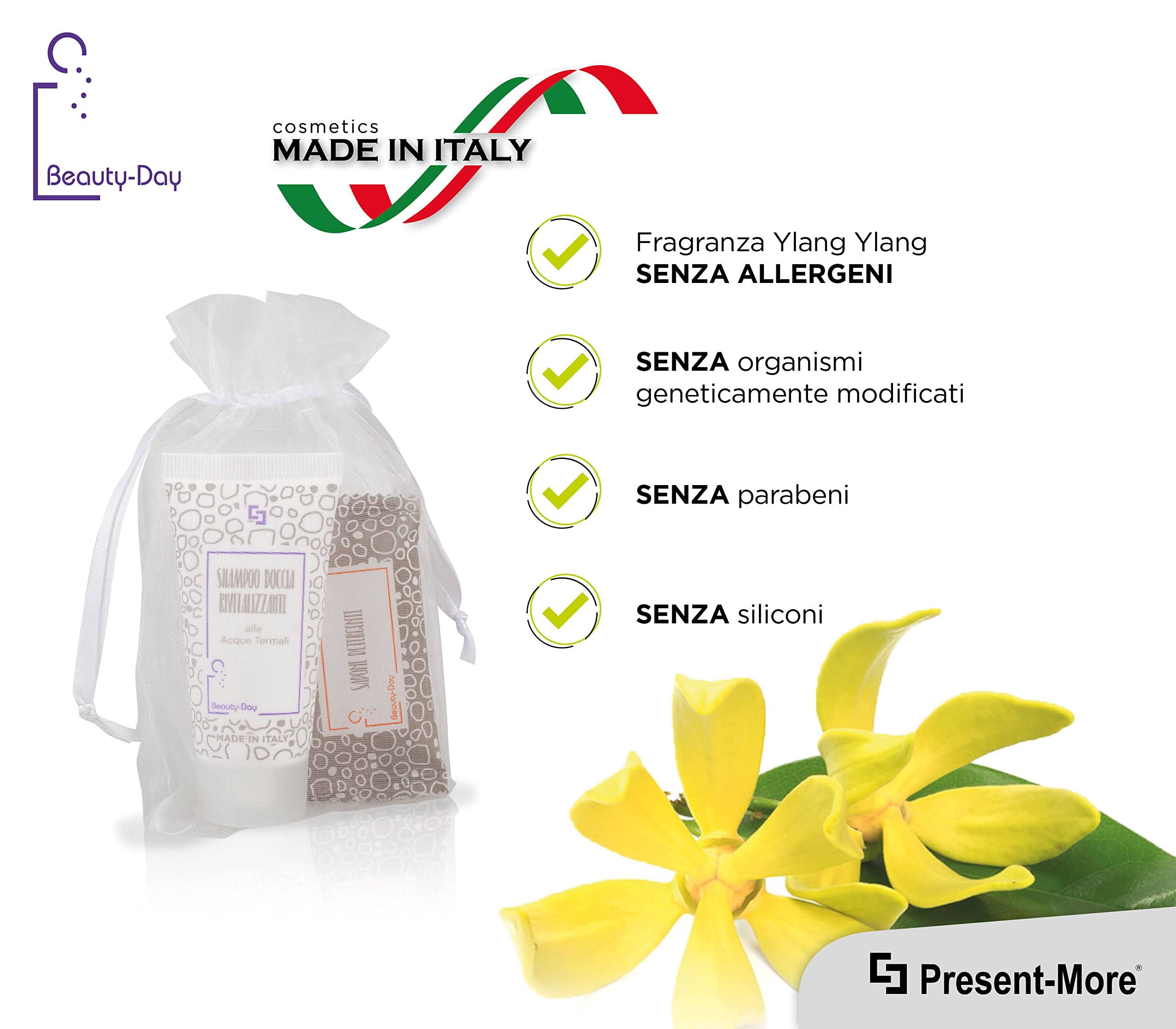 PRESENT-MORE - Set Cortesia 15 Ospiti Beauty-Day Italy - Fragranza Ylang Ylang - Contiene: Shampoo Doccia, Sapone e Cuffia - Made in Italy - Per Hotel e B&B