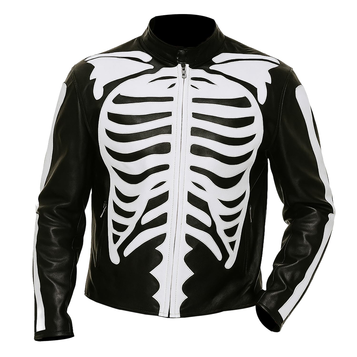 Jaqueta masculina de couro preta de motociclista com design esqueleto