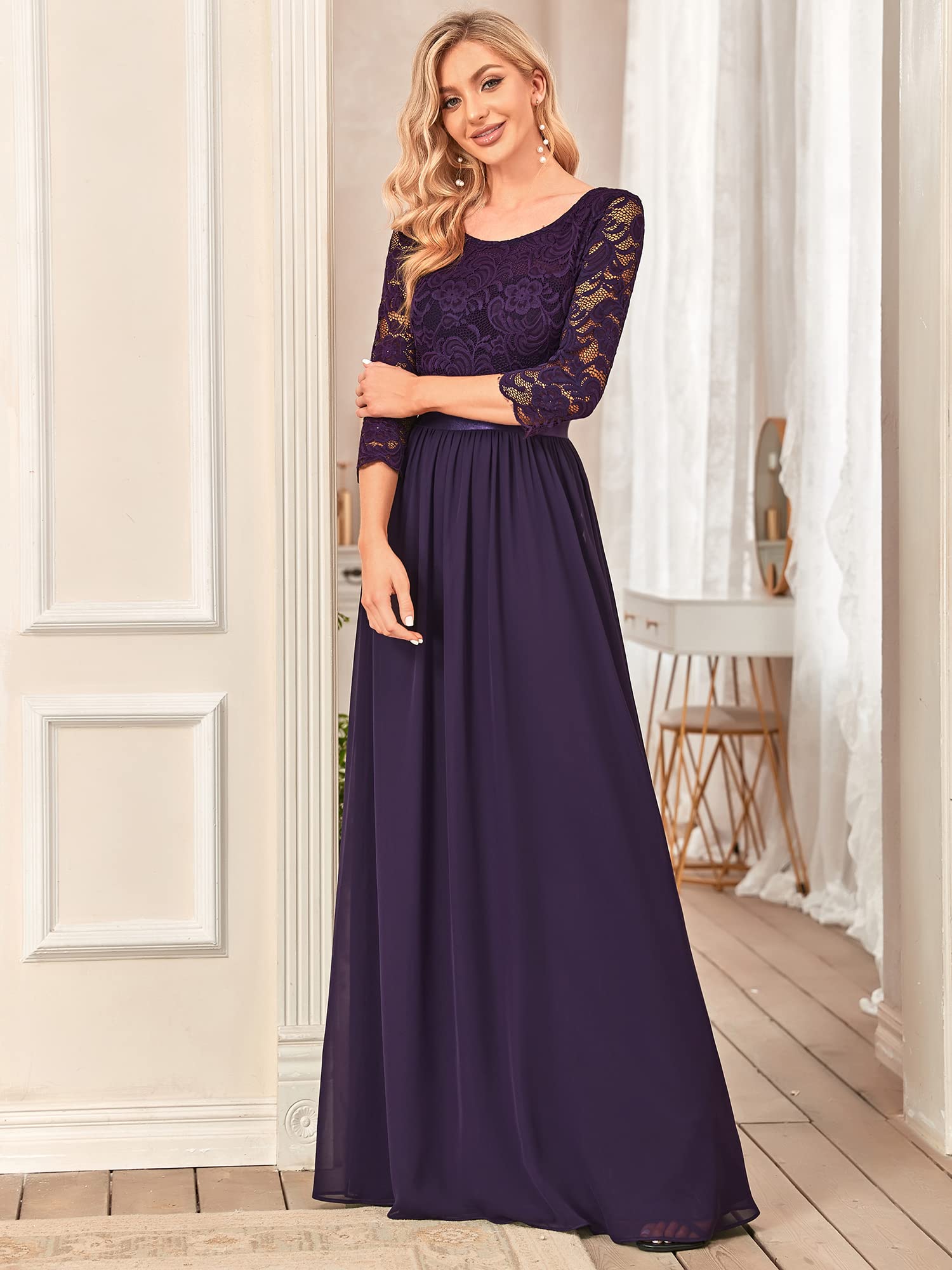 Ever-Pretty Vestidos de Fiesta Encaje Gasa Cuello Redondo Manga 3/4 Corte Imperio A-línea para Mujer 07412