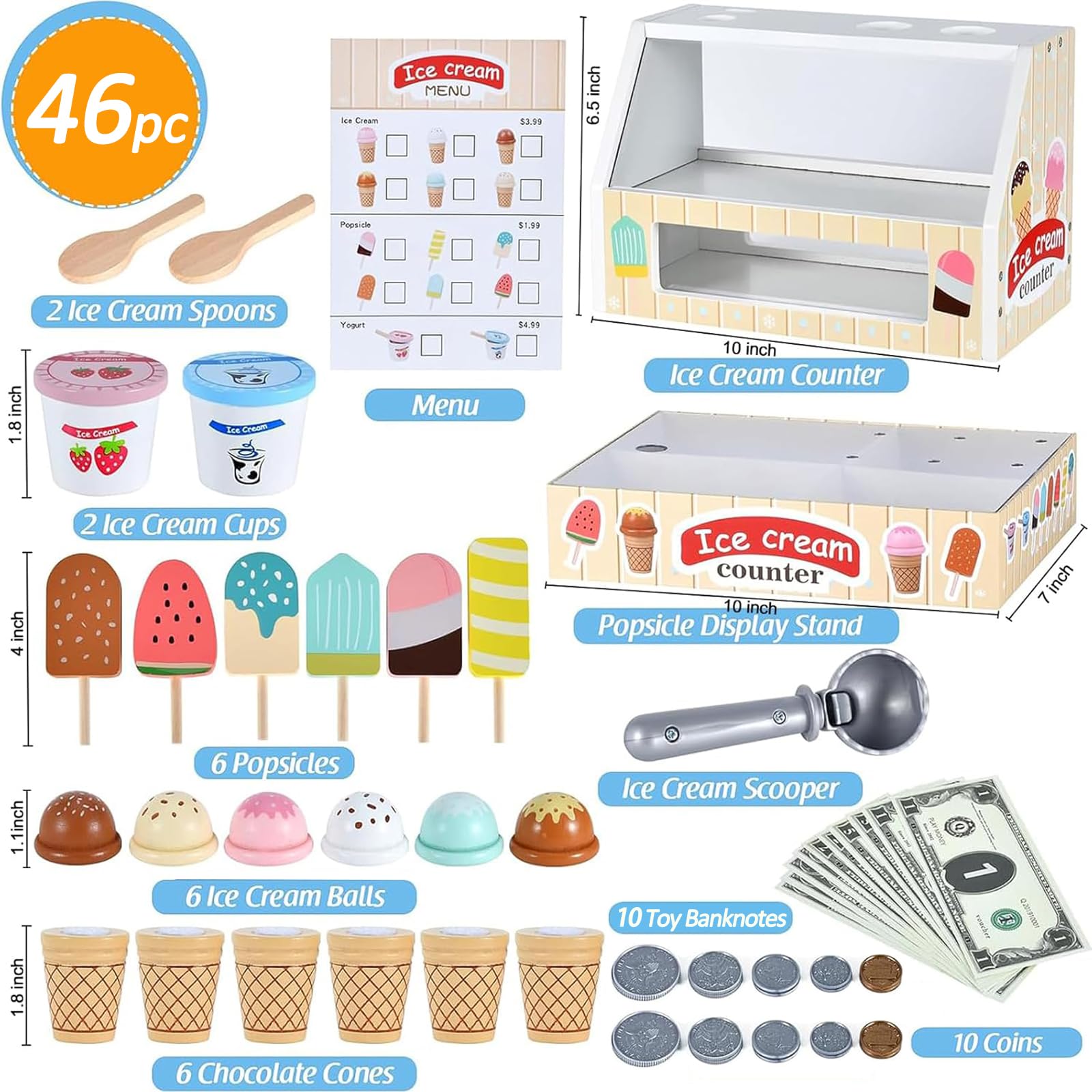 Juguetes de helado de madera para niños, juguete de simulación para niños pequeños, accesorios de cocina con cuchara, menú, dinero falso, juego de helado de cumpleaños, regalos de Navidad para niñas y 3