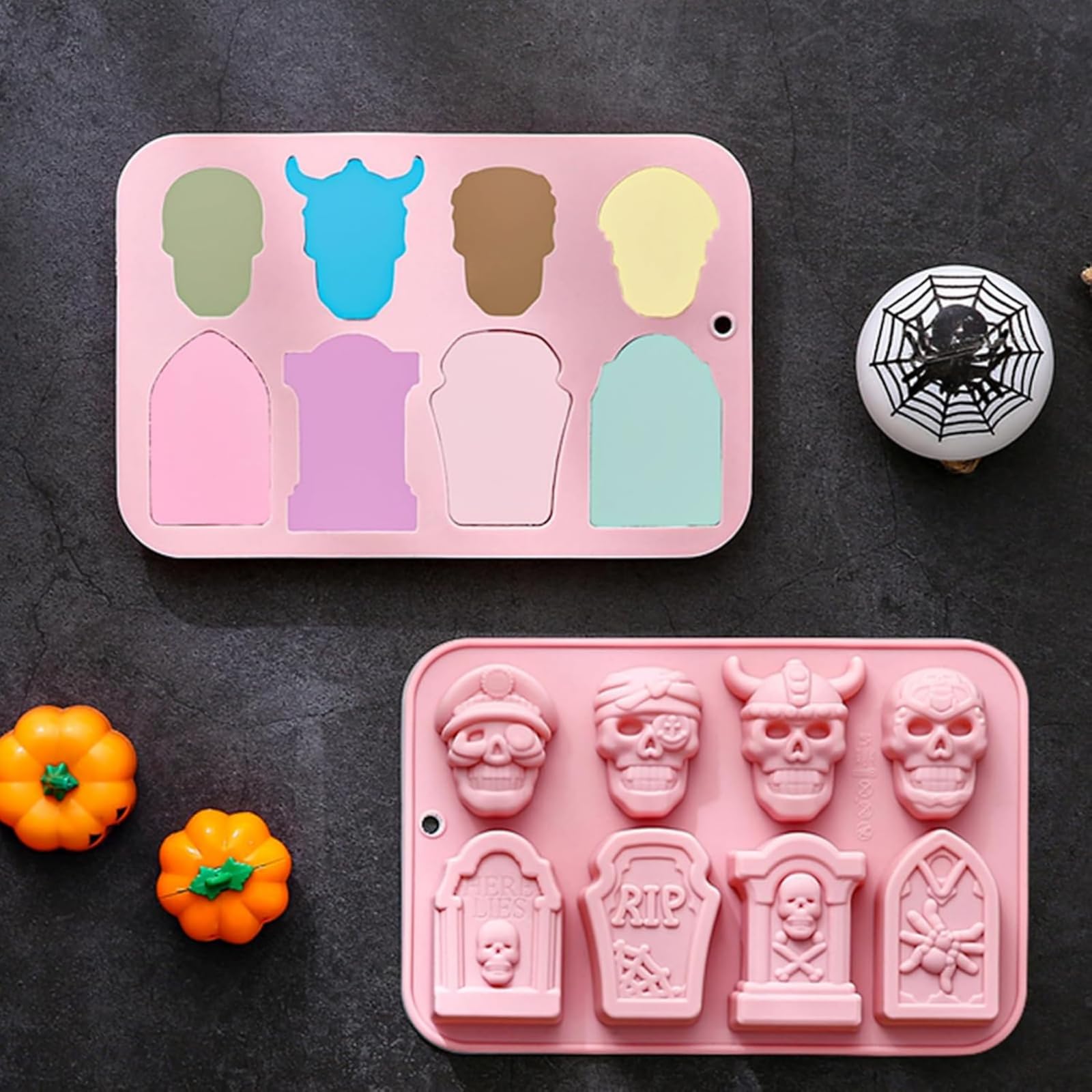 Moule En Silicone Halloween - 2 Pièces Avec Formes Crâne, Cerveau, Cœur, Pierre Tombale - Pour Chocolat, Biscuits, Glaçons