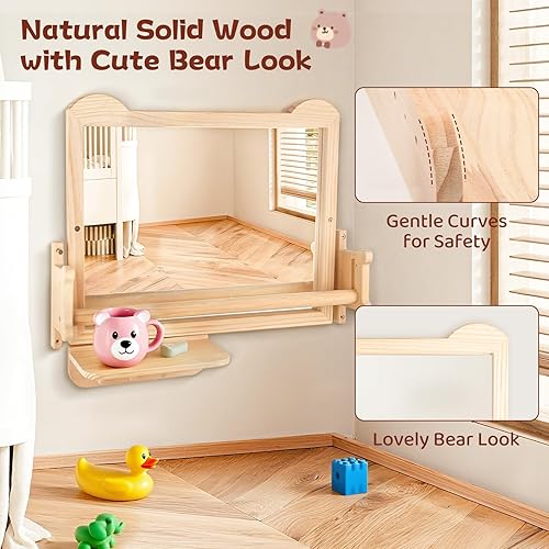 Miniatura 2 de Espejo Montessori con barra Espejo de barra de dominadas de bebé con marco de madera natural, altura ajustable, espejo de pared seguro para estar