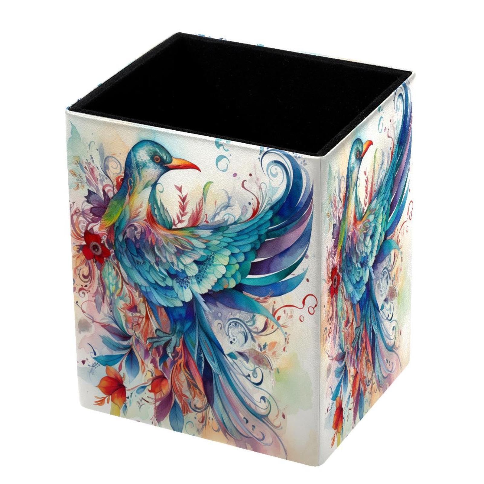 DragonBtu Desktop Pencil Holder, Watercolor Bird Rectangular Pencil Cup, Pencil Storage Bag Office Desk Supplies Case for School, Kids