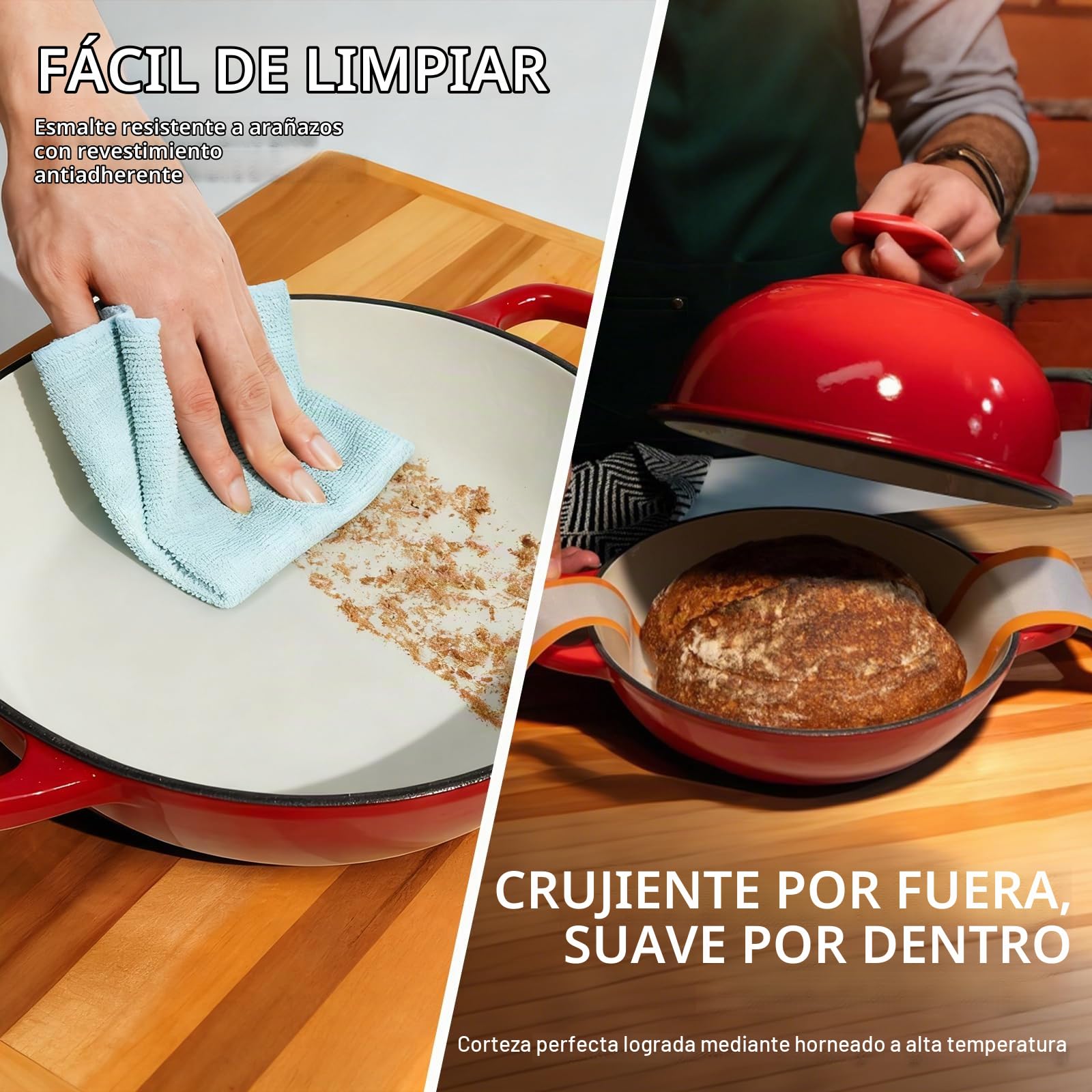 Olla de Hierro Fundido Esmaltada 5,7L Oval, Dutch Oven 26 cm con Tapa, Asas de Madera y Accesorios para Pan, Horno hasta 260°C, Todas Vitrocerámicas e Inducción