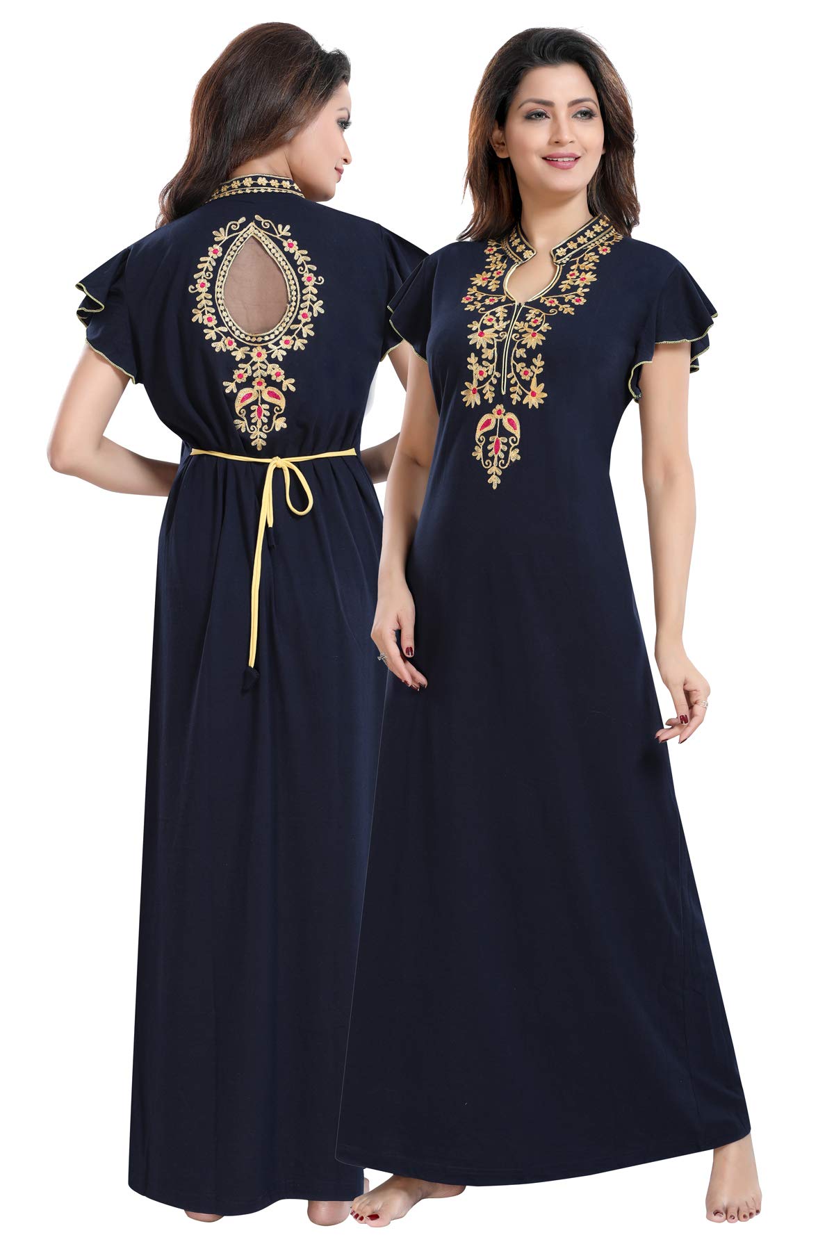 Be You Black Embroidered Women Cotton Nighty/Night Gowns