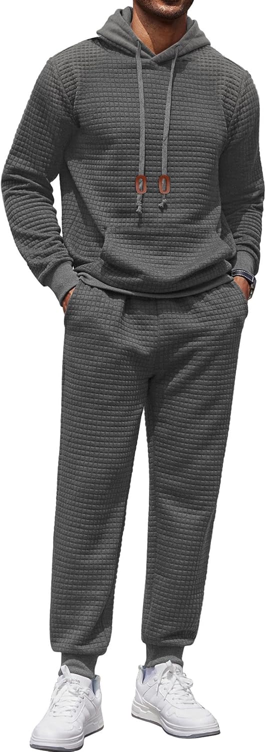 COOFANDY Men’s Tracksuit 2 Piece Hoodie Sweatsuit Sets Casual Athletic Jogging Suits Waffle Plaid Jacquard Outfits
