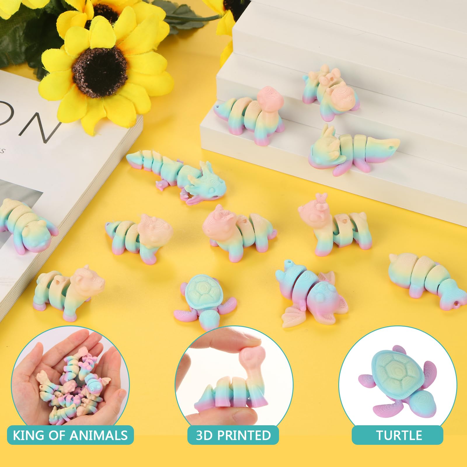 LALASTYULE 12PCS 3D Printed Mini Animals Set Articulated Dinosaur, Turtle, Bat - Image 3