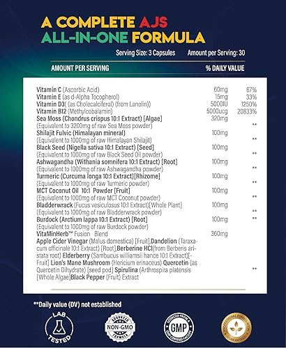 Miniatura 4 de AJS Sea Moss Capsules 3200mg, Himalayan Shilajit with Black Seed Oil, Ashwagandha, Turmeric, Bladderwrack, Burdock, Vitamins, Berberine, Lions Mane