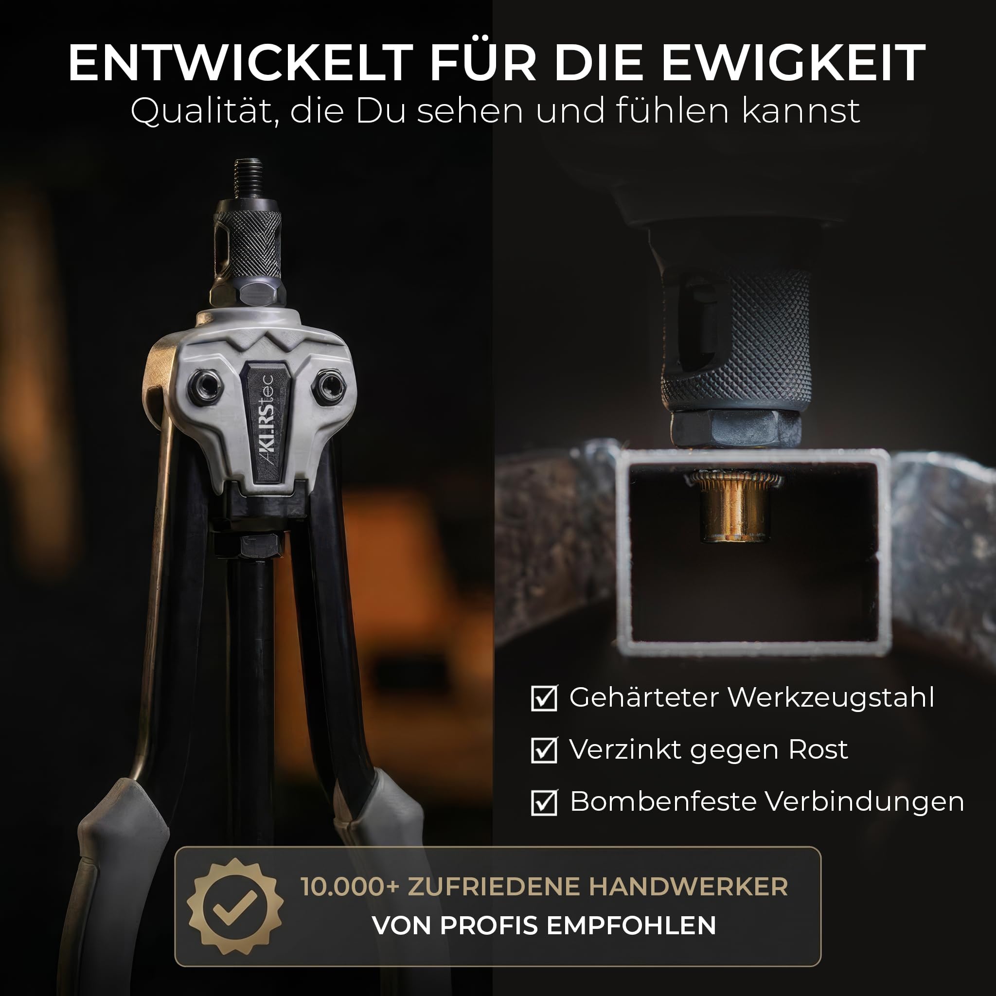 KLRStec Professional Nietmutternzangen Set [M3–M12] Halbautomatische Nietmutternzange für schnelleres arbeiten inkl. 70 Nietmuttern, Stufenbohrer & Werkzeugkoffer – Profi Nietenzange Set