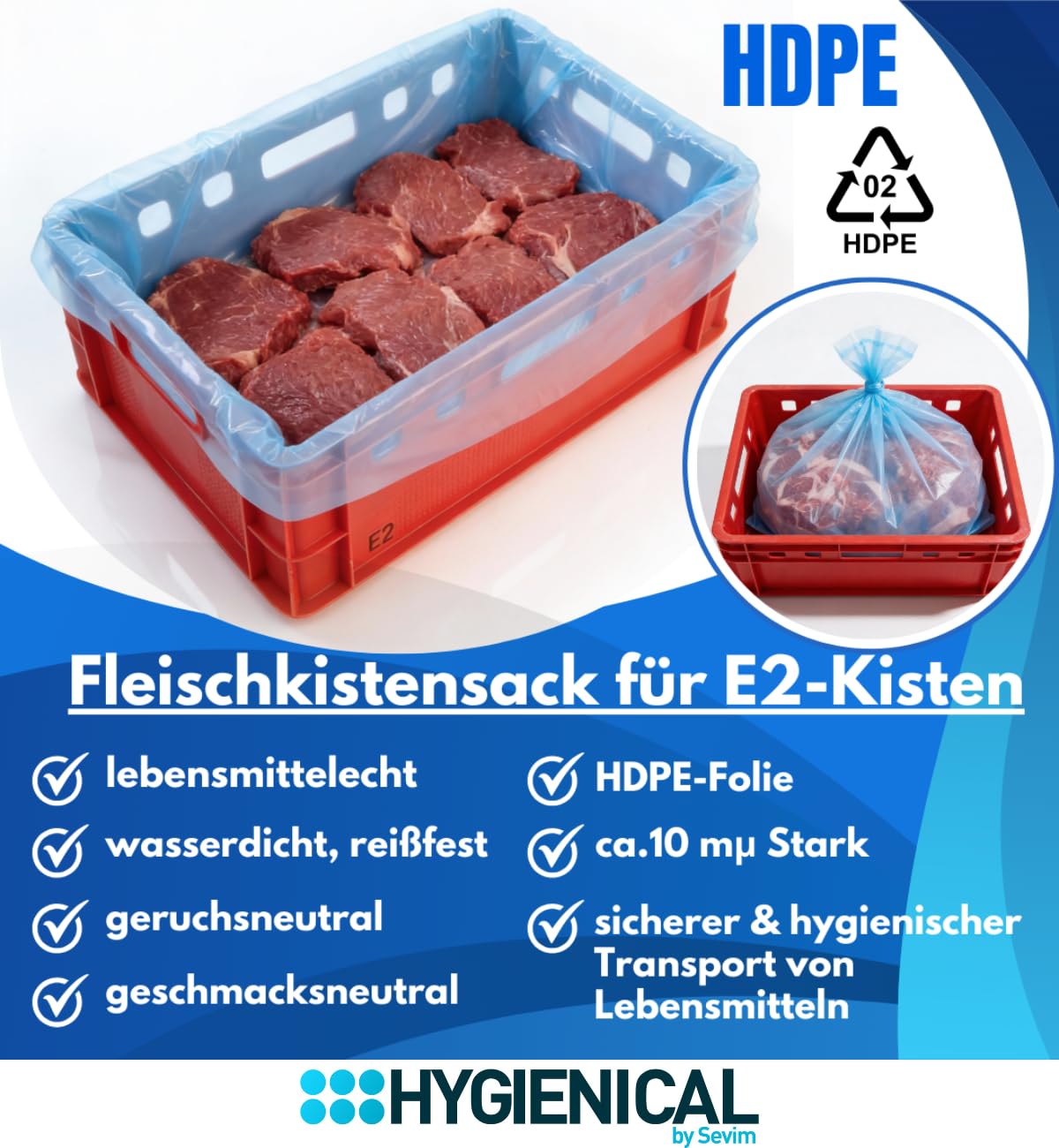 500 Einlegesäcke Fleischkistensack HDPE 10 µm – lebensmittelecht, reißfest & flüssigkeitsdicht – Auskleidungssack für E2‑Kisten/Eurobox – Gastronomie & Metzgereibedarf