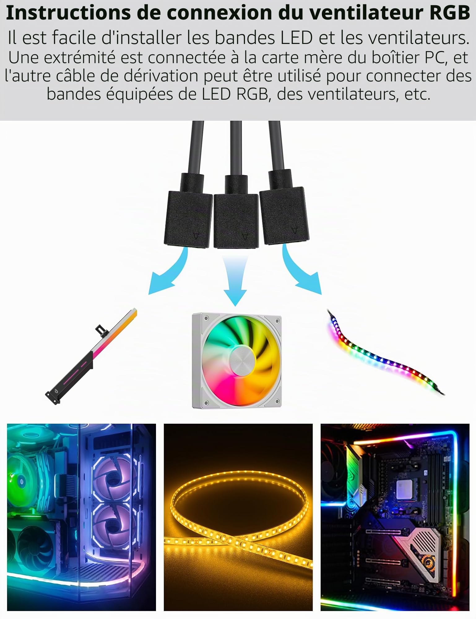 upHere ARGB 3Pin Câble répartiteur de Ventilateur 1 à 4 Splitter Cable répartiteur connecteur pour Bande LED,30 cm avec Broches mâles（53ARGB）
