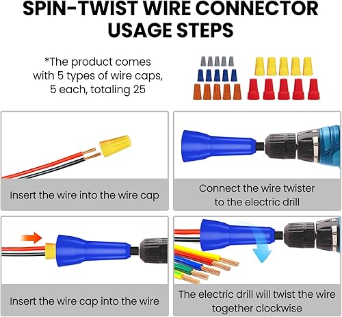 Miniatura 5 de Pelacables para taladro 6-8-10-12-14AWG, kit de pelacables eléctricos incluye herramienta de torsión de cables y tapas de alambre para pelar y