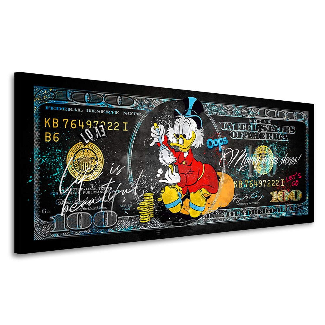 Kunstgestalten24 Dagobert Pop Art Leinwandbild – Dollar Design mit „Money Never Sleeps“ – Street Art Wandbild für Büro Wohnzimmer oder Gaming Room – Moderne Geld Deko 175x70x4cm