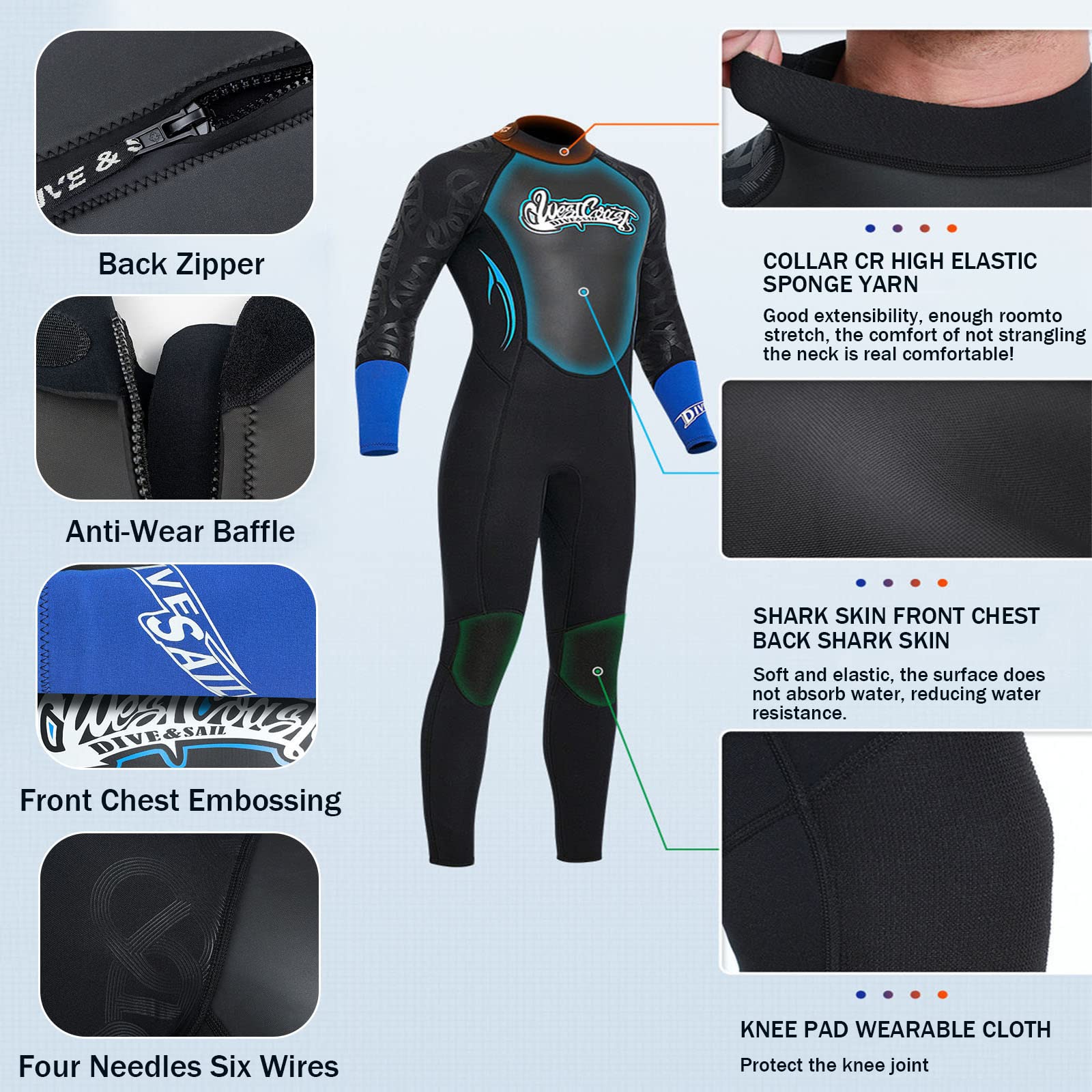 Soyeacrg Neopren-Neoprenanzug Damen Herren 3 mm Tauchausrüstung Rückenreißverschluss Ultra-Stretch-Badeanzug Einteiler Langarm Warme Tauchanzüge zum Surfen Schnorcheln Schwimmen