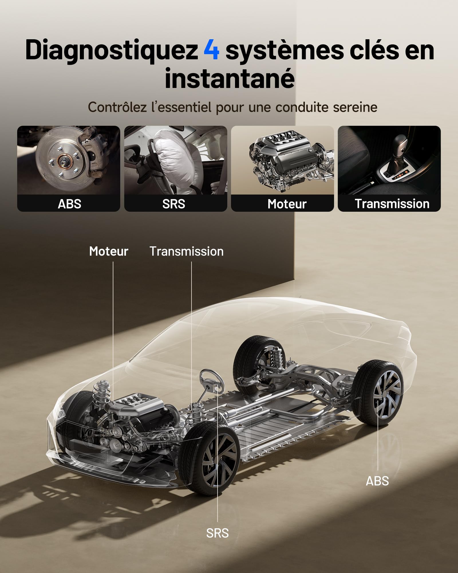 TOPDON AD500O Français OBD2 Scanner, Valise Diagnostic Auto pour 4 Systèmes