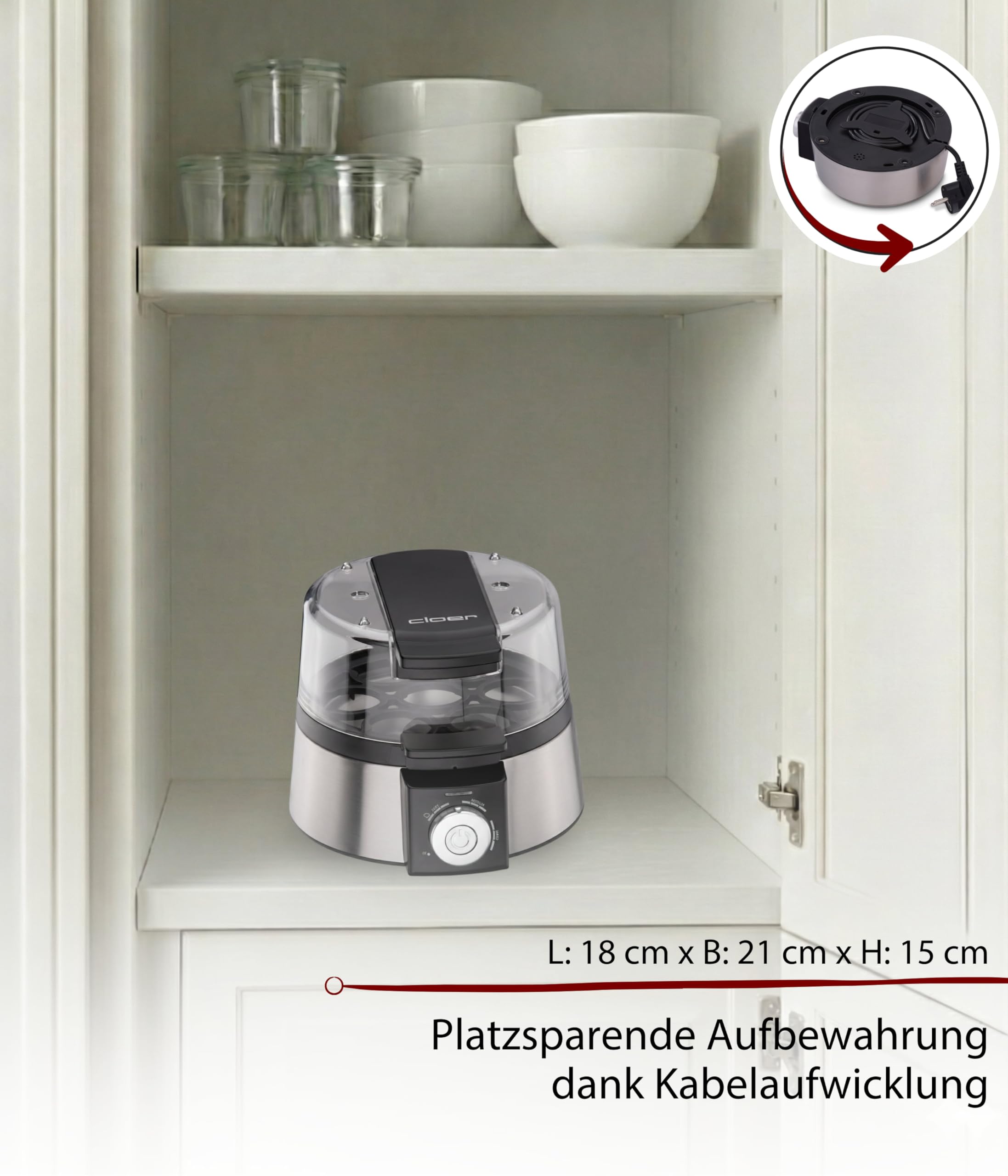 Cloer 6070 Elektronischer Eierkocher für bis zu 7 Eier, Weiterkochfunktion, akustische Fertigmeldung, 3 Pochierschalen, 435 W, Edelstahl