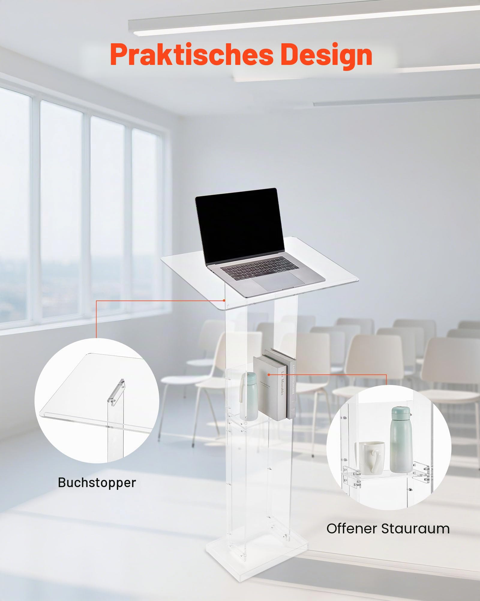 VEVOR Podiumständer Rednerpult (1265 mm) aus Acryl, tragbarer Laptop-Schreibtisch mit breiter Lesefläche & Ablagefläche & Buchstopper, bodenstehend, für Klassenzimmer Hochzeiten Konferenzen