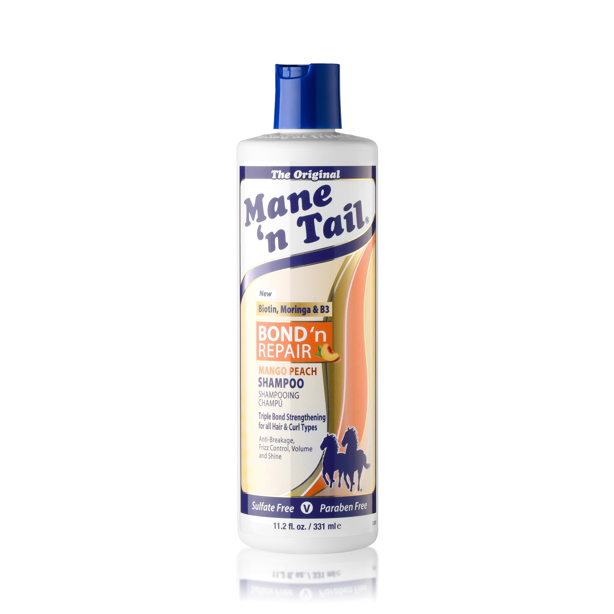 Mane 'n Tail Bond ’n Repair Shampoo, Sulfate-Free Strengthening Shampoo for Damaged Hair, Anti-Breakage Triple Bond Repair with Biotin, Moringa & Niacinamide, Mango Peach 11.2 fl oz