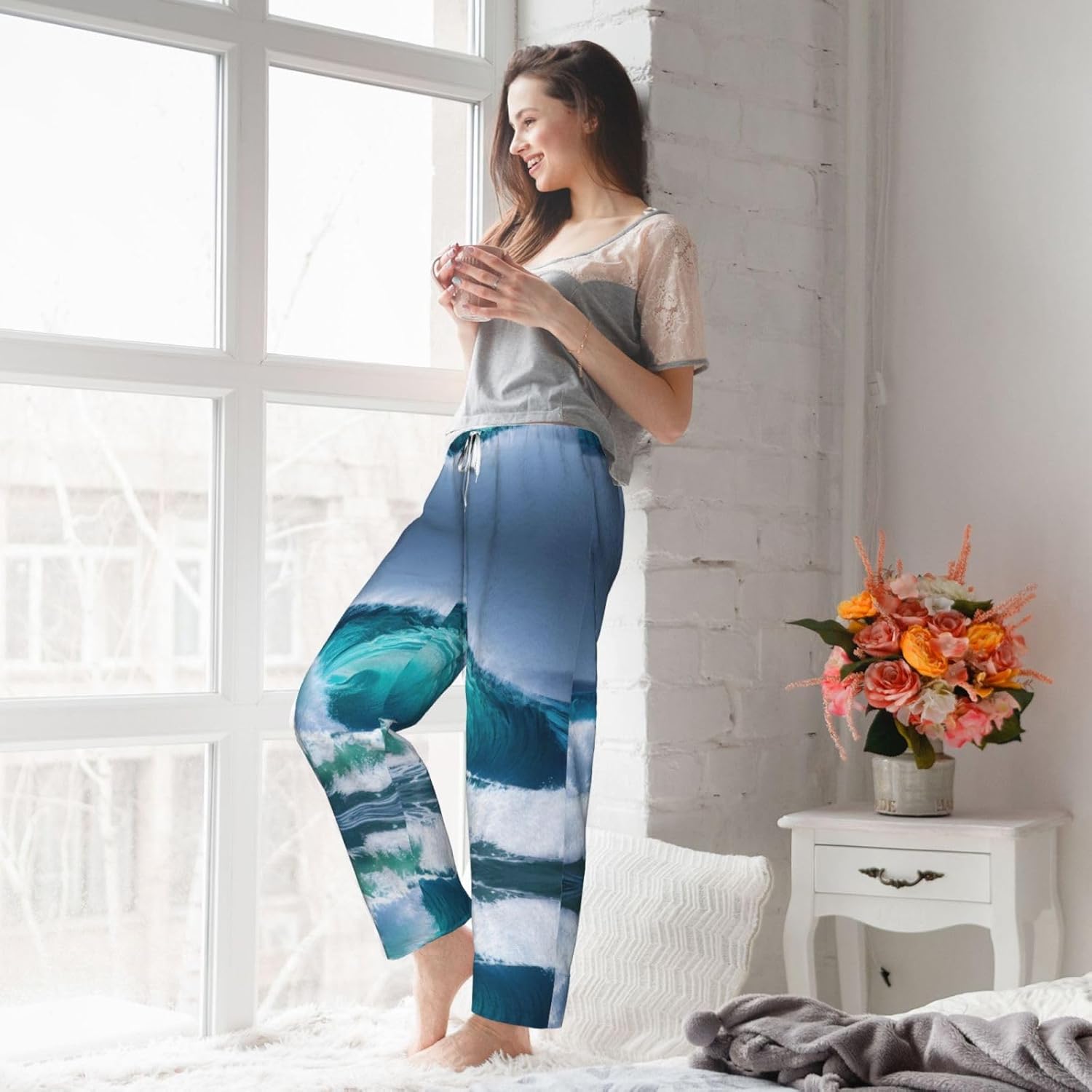 Ocean Wave Print Cozy Christmas Pajama Pants,Flannel Pajama Bottoms,Cater To Various Body Types