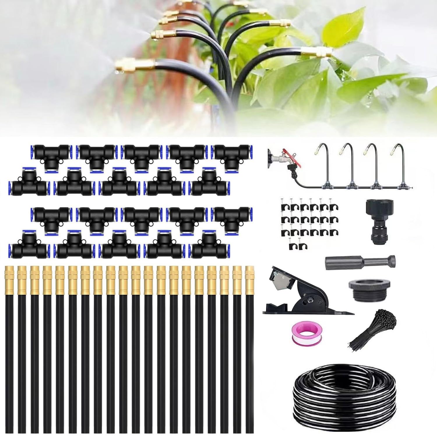 Brumisateur Terrasse Exterieur,Système de Brumisation,Kit d’Irrigation Système de Brumisateur Extérieur 20M avec 20 Direction Réglable Buses,Kit de Tuyau Brumisateur par Brume pour Piscine,Jardin