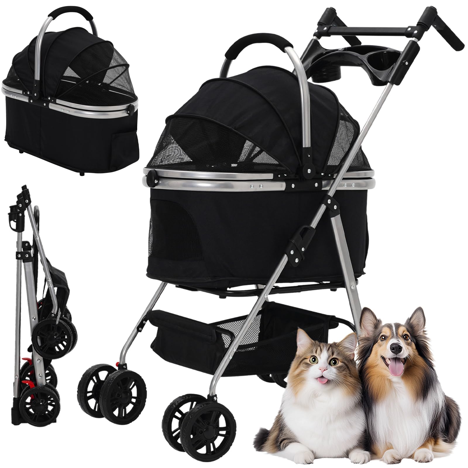 Pet Stroller 3-in-1,Foldable Cat Dog Strollers for Medium Dogs 20KG,Pet Travel Dog Stroller Pushchair with Detachable Carrier Car Seat,Storage Basket,Storage Bag and Food Tray (Black)