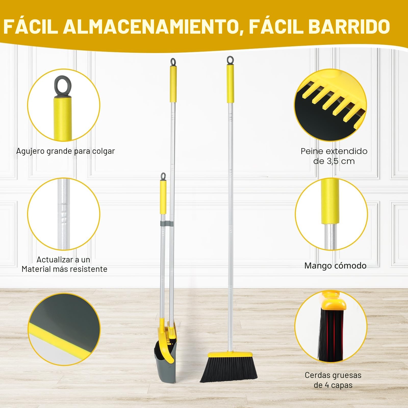 Juego de escoba y recogedor con mango largo de 137 cm - Combo perfecto de recogedor y cepillo para limpieza eficiente del hogar (amarillo y gris)