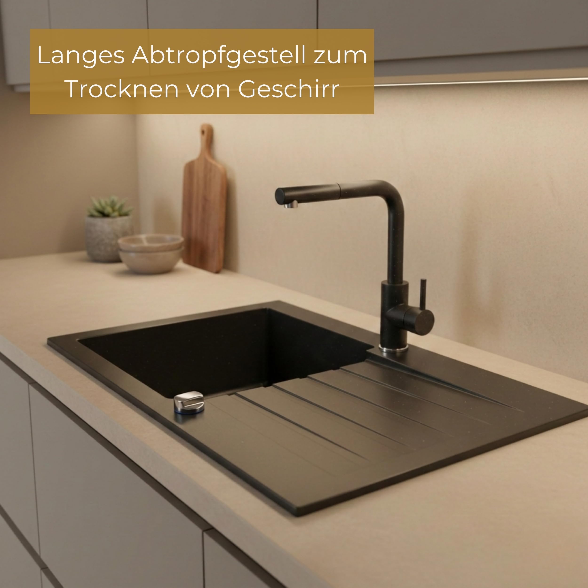 Granitspüle schwarz 77x43 cm Küchenspüle mit Abtropffläche Einbauspüle für 45er Unterschrank inkl. Exzenter-Siphon