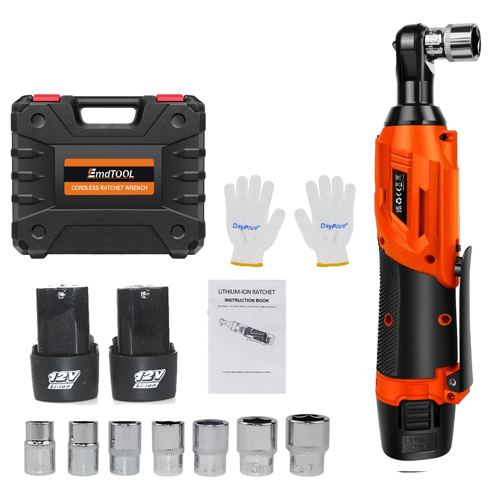 DayPlus Llave de carraca inalámbrica con batería de 12 V con 2 baterías de iones de litio de 1,5 Ah y cargador rápido, 2300 RPM, 40 Nm, llave de carraca eléctrica con 7 enchufes, color naranja
