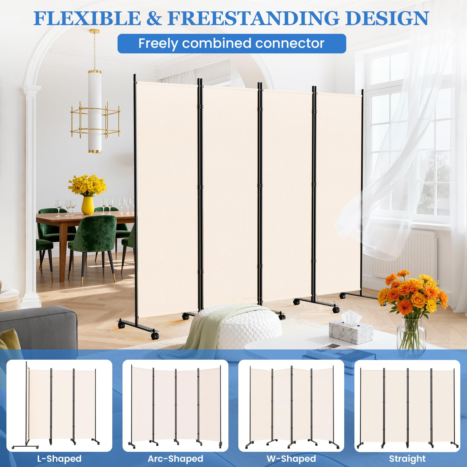 WELDUN Paravent de pièce à roulettes - 4 pièces - 223,5 x 183 cm - Brise-Vue Pliable - Cloison de séparation Amovible - Blanc