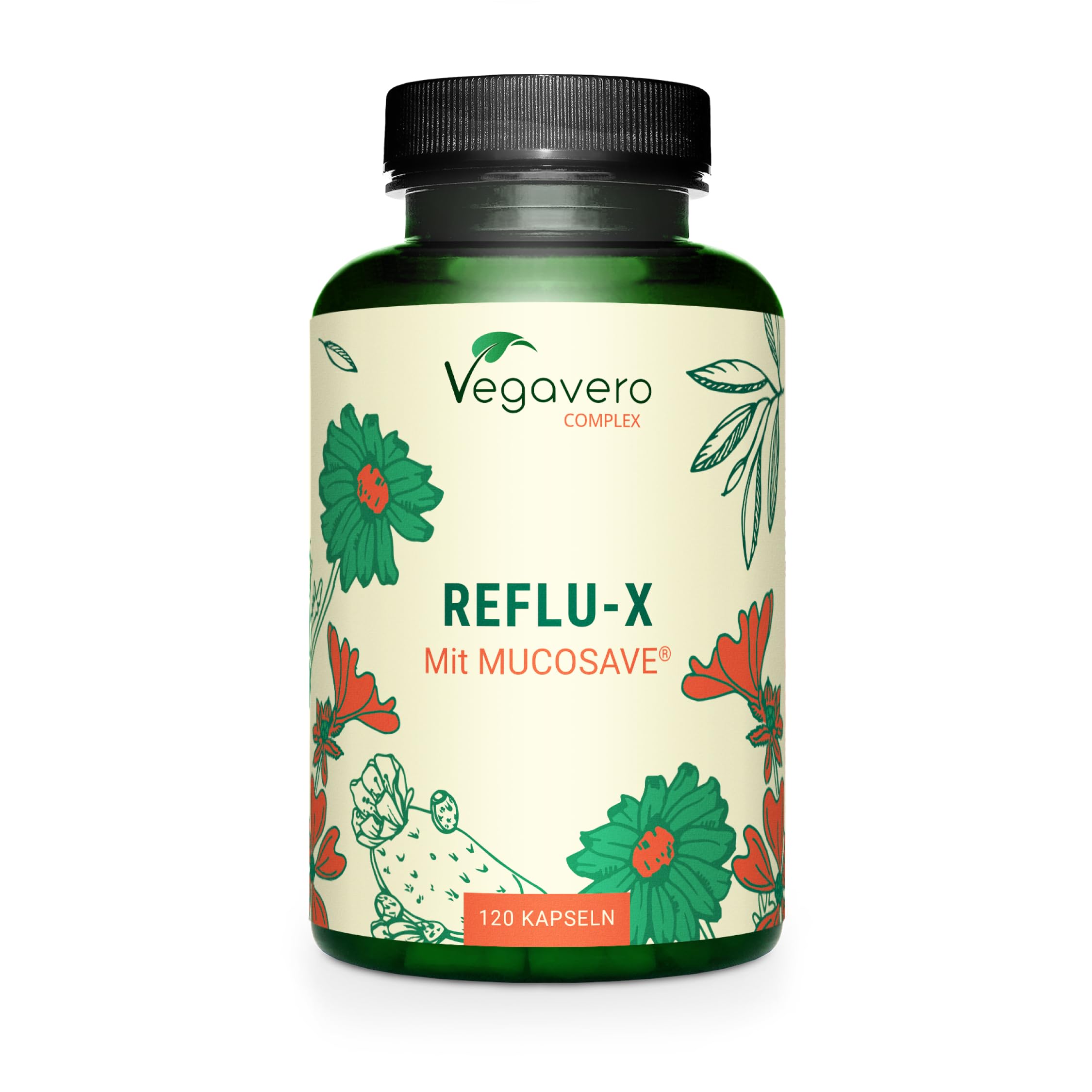 Vegavero Reflux Komplex - 120 vegane Kapseln – natürlicher Komplex mit Mucosave, Natriumalginat, Kamille & Malve - Pflanzlich bei Sodbrennen & stillem Reflux - Vegan & Laborgeprüft