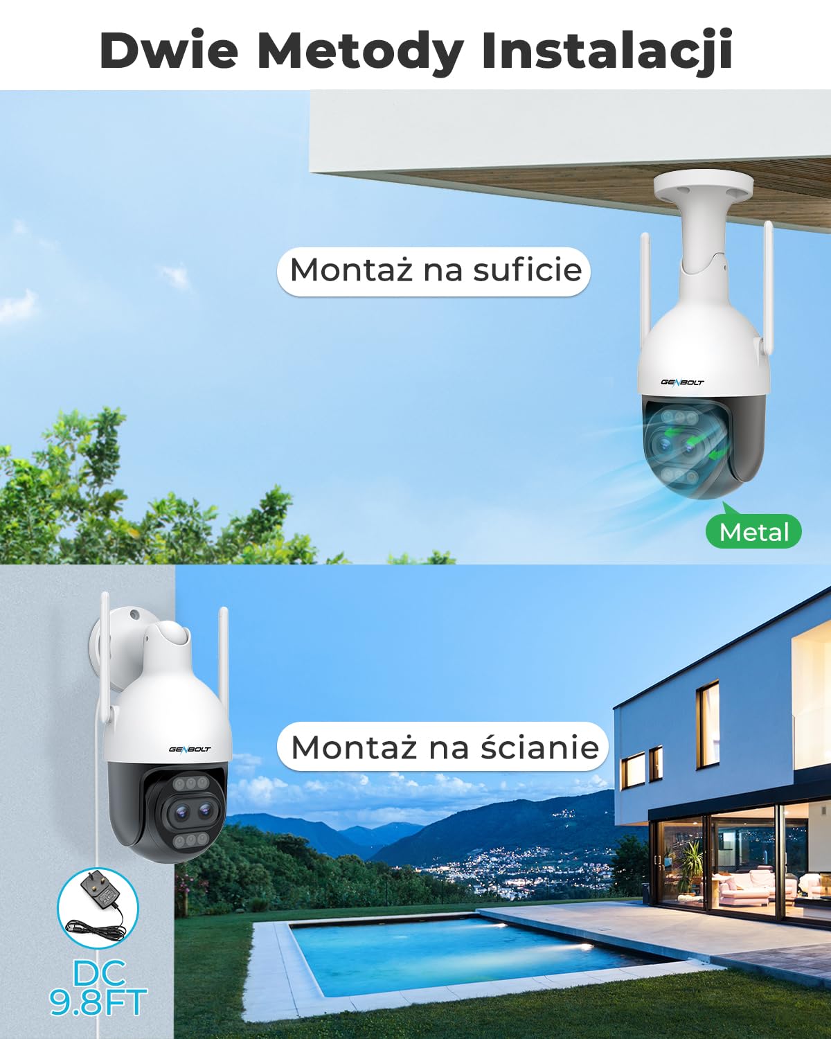 GENBOLT 4K WiFi Kamera Zewnętrzna,Kamera CCTV IP z Podwójnym Obiektywem 8MP | 10X Zoom Hybrydowy,Nagrywanie 24/7,2.4/5GHz,Kamera PTZ,DC&POE,Kolorowe Widzenie Nocne,Wykrywaniem Osób/Pojazdów,IP66