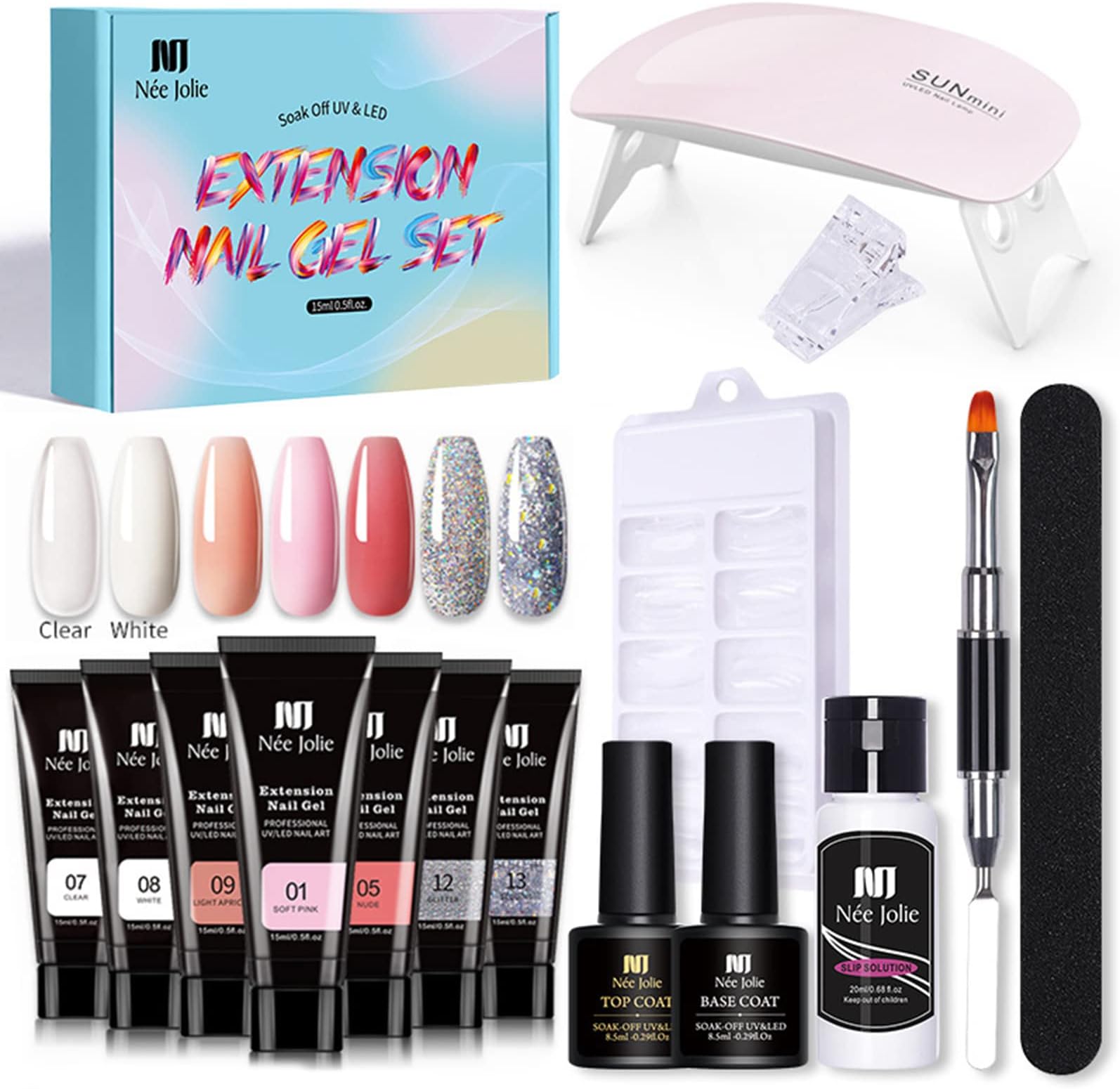 Eacam Gel Kit for Nail Extension and Strengthening - UV/LED Lamp, Dryer, Base and Top Coat, Brush, File, Clip, Manicure Tools