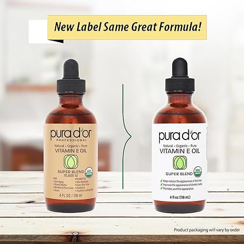 Miniatura 2 de PURA DOR Aceite orgánico de vitamina E 4 onzas  40fl oz 70000 UI 100 puro natural USDA orgánico para la piel de la cara sin hexano con almendras